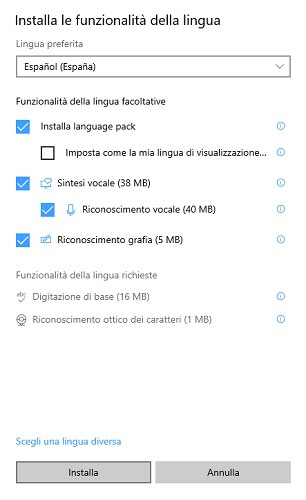 Installa Funzionalita Lingua Windows 10