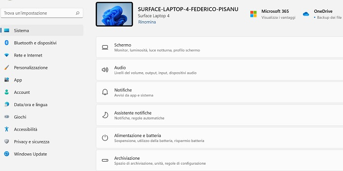 Menu Impostazioni Windows 11