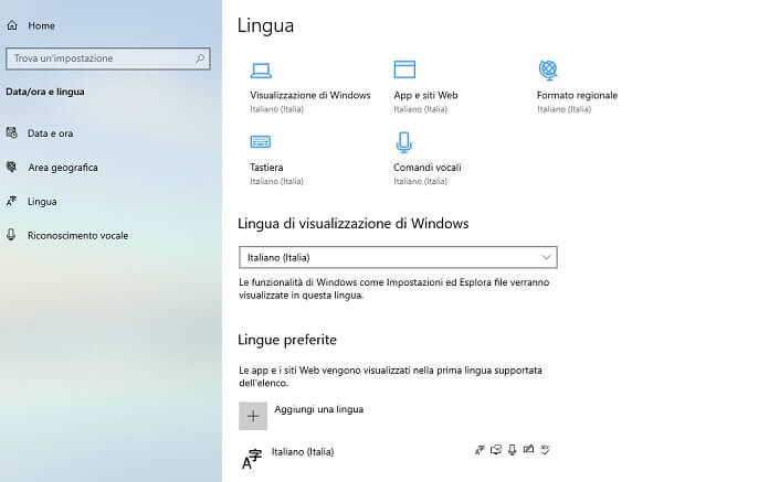 Menu Lingua Windows 10