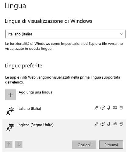 Rimuovere Layout Tastiera Windows 10