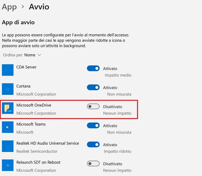 App Di Avvio Windows 11 Onedrive Disattivato