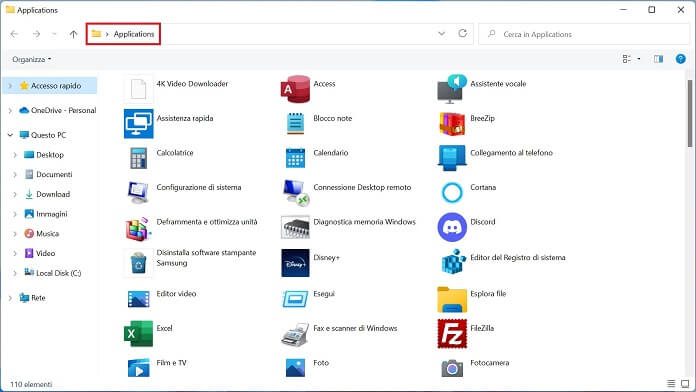 Cartella Applications Windows 11