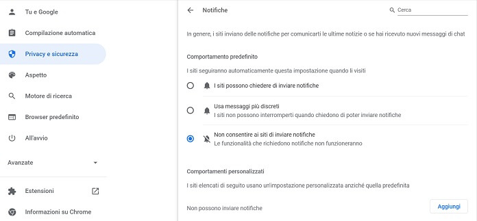 Impostazioni Browser Google Chrome Notifiche