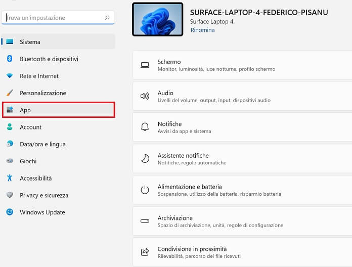 Menu App Impostazioni Windows 11