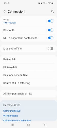 Schermata Connessioni Smartphone Samsung