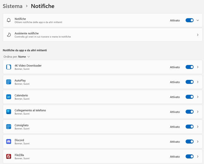 Schermata Sistema Windows 11 Notifiche
