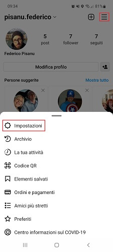 Instagram Menu Impostazioni