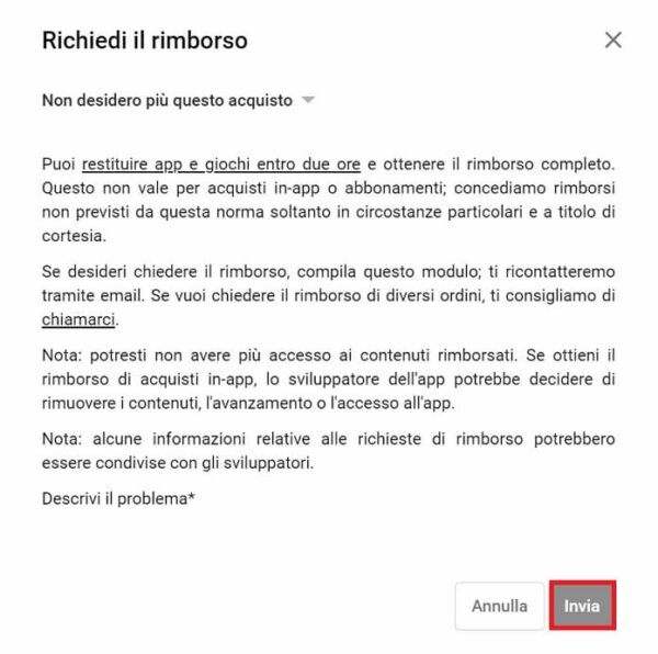 Account Google Richiedi Rimborso Invia