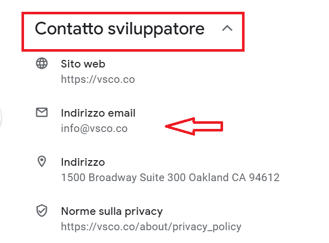 Google Play Contatto Sviluppatore Vsco