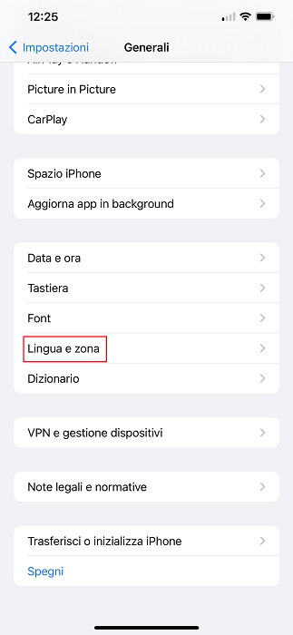 iPhone Lingua E Zona