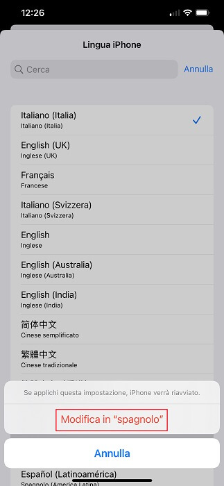 iPhone Modifica Lingua