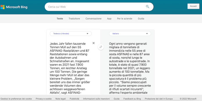 Bing Microsoft Translator Traduzione Testo