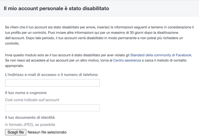 Facebook Account Disabilitato