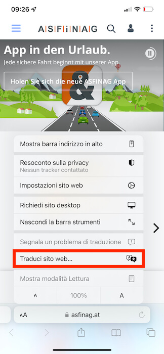 Safari App Traduci Sito Web