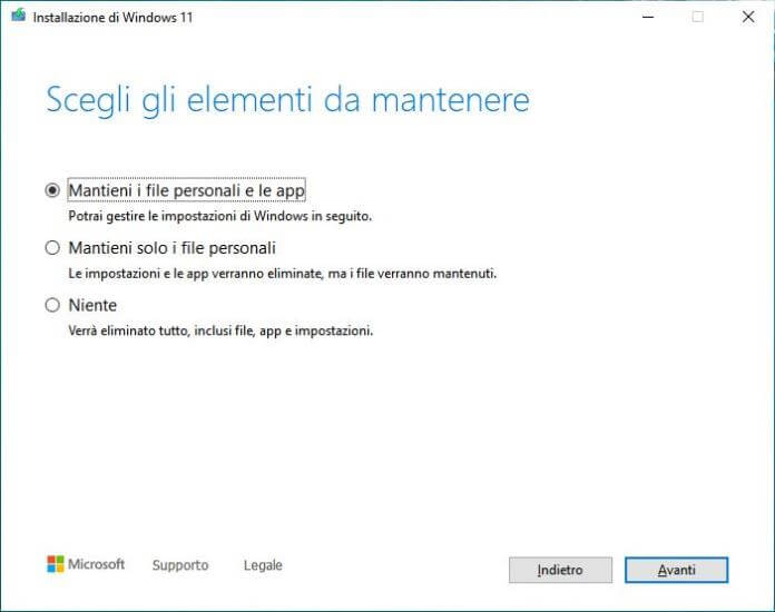 Installazione Windows 11 scegli elementi da mantenere