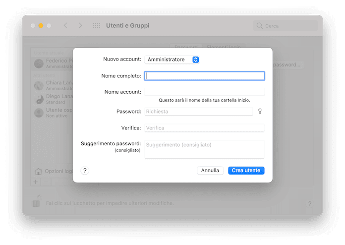 Mac Creazione Nuovo Account