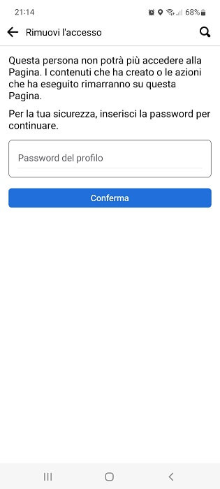 Pagina Facebook Mobile Rimuovi Accesso Conferma