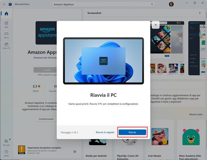 Amazon Appstore Riavvia
