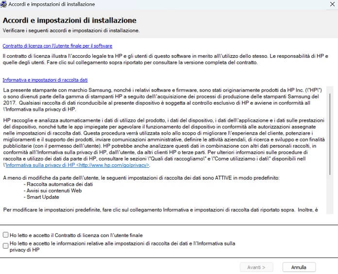 Accordi E Impostazioni Di Installazione M2070 Stampante