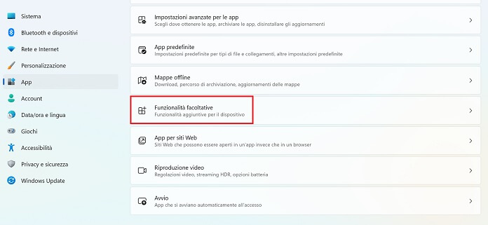 App Funzionalita Facoltative Windows 11
