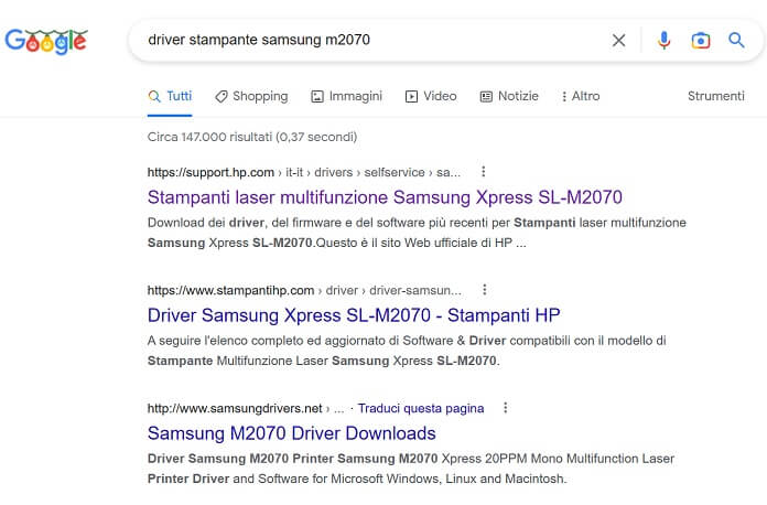 Ricerca Google Driver Stampante Samsung M2070