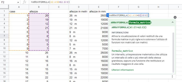 Funzione Fogli Arrayformula