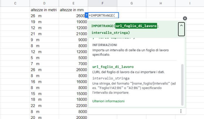 Funzione Fogli Importeange