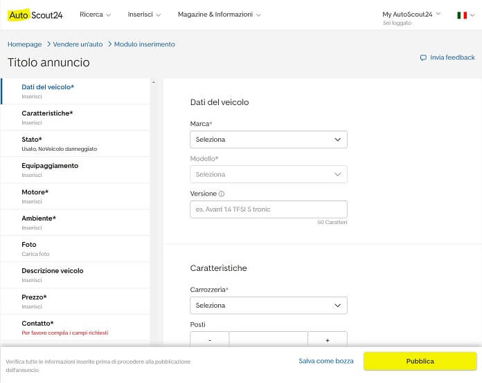 Autoscout24 Modulo Inserimento