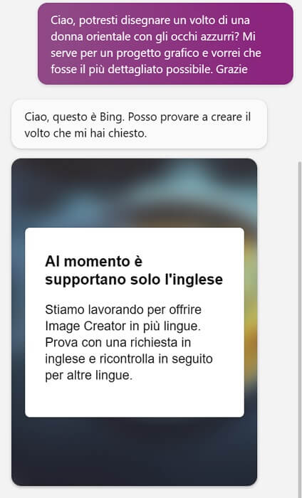 Bing Chat Errore Lingua Italiana