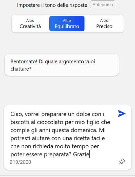 Bing Chat Richiesta Tono Equilibrato