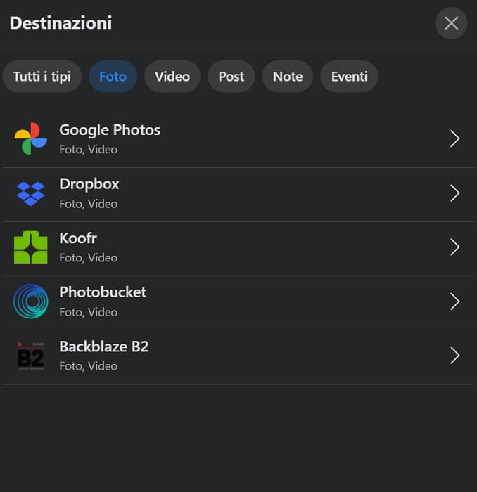 Facebook Trasferisci Album Destinazioni