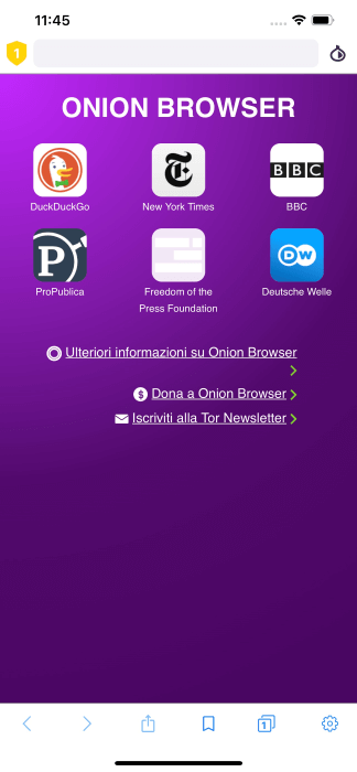 Onion Browser Schermata Iniziale