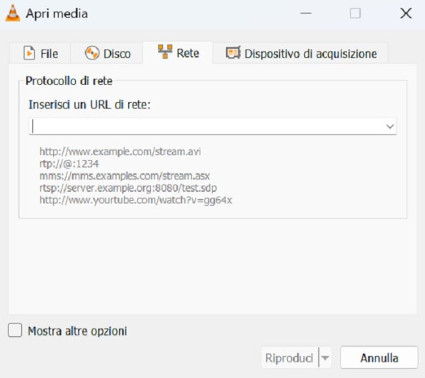 Vlc Media Player Inserisci Un Url Di Rete