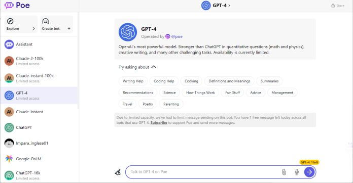 Utilizzare ChatGPT4 gratis tramite Poe