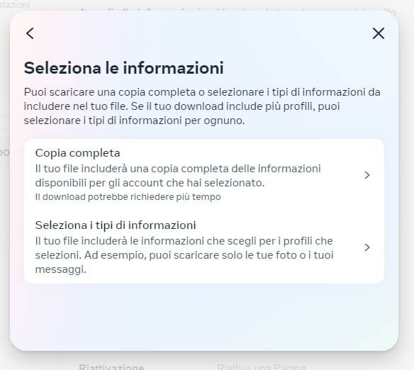 Seleziona Informazioni Facebook