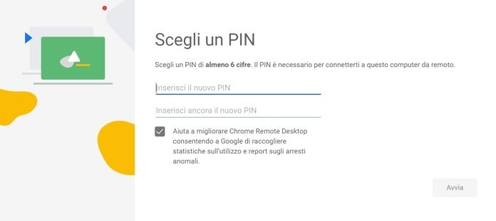 Chrome Remote Desktop Scegli Pin