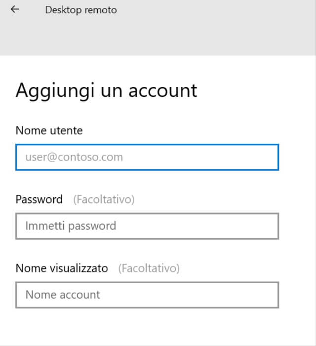 Desktop Remote Microsoft Aggiungi Account