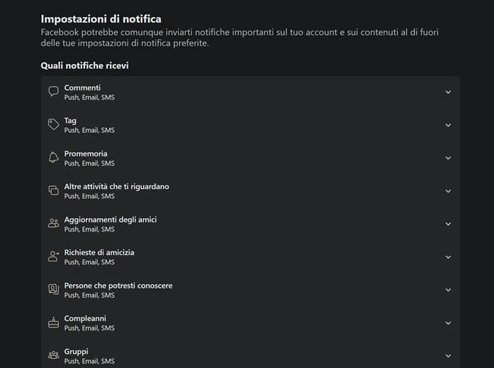 Facebook Impostazioni Notifica