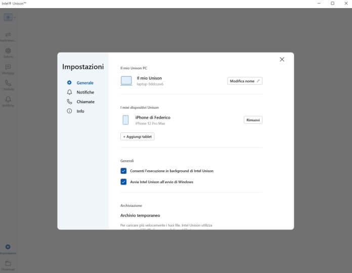 Impostazioni Intel Unison