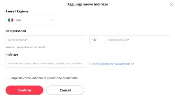 Aggiungi Nuovo Indirizzo Aliexpress Conferma