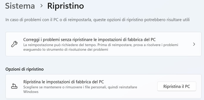 Opzioni Ripristino Windows 11 per resettare un pc prima di venderlo