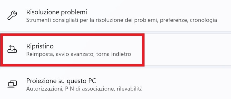 Scheda Ripristino Impostazioni Windows 11