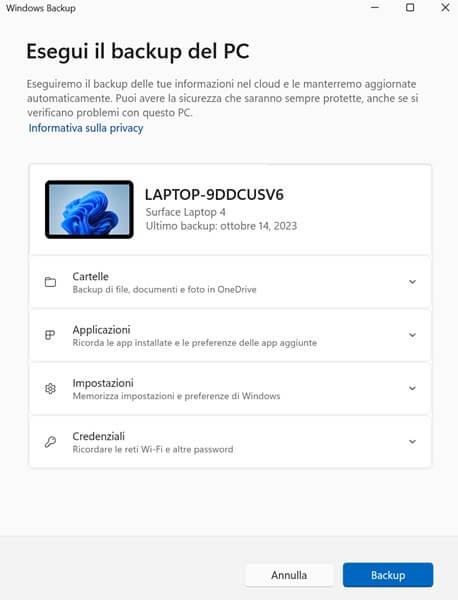 Windows Backup Esegui