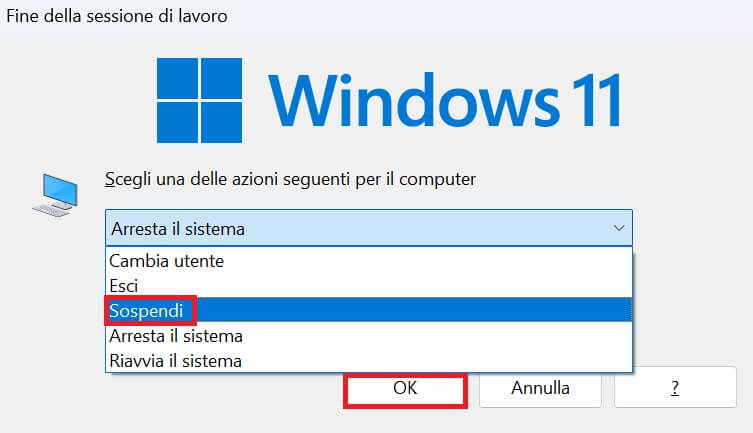 Fine Sessione Lavoro Windows Sospendi