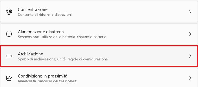 App Impostazioni Windows 11 Archiviazione