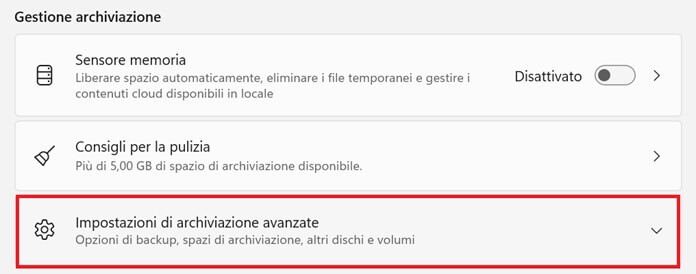App Impostazioni Windows 11 Gestione Archiviazione