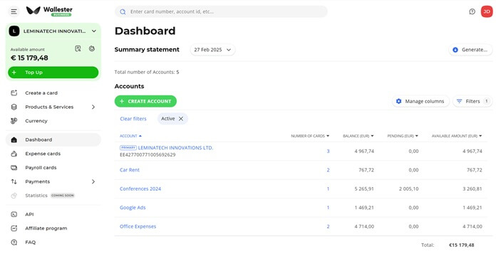 Wallester Business Dashboard