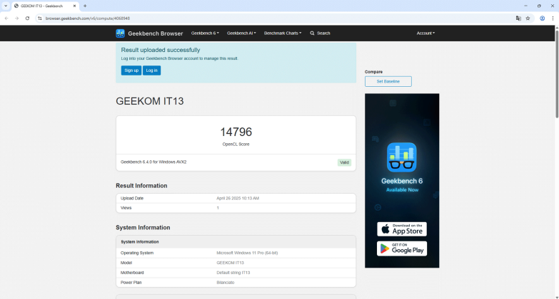 Geekom Mini IT13 2025 Geekbench 6 Cpu