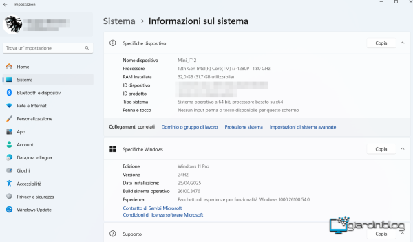 Informazioni Windows 11 Geekom IT12