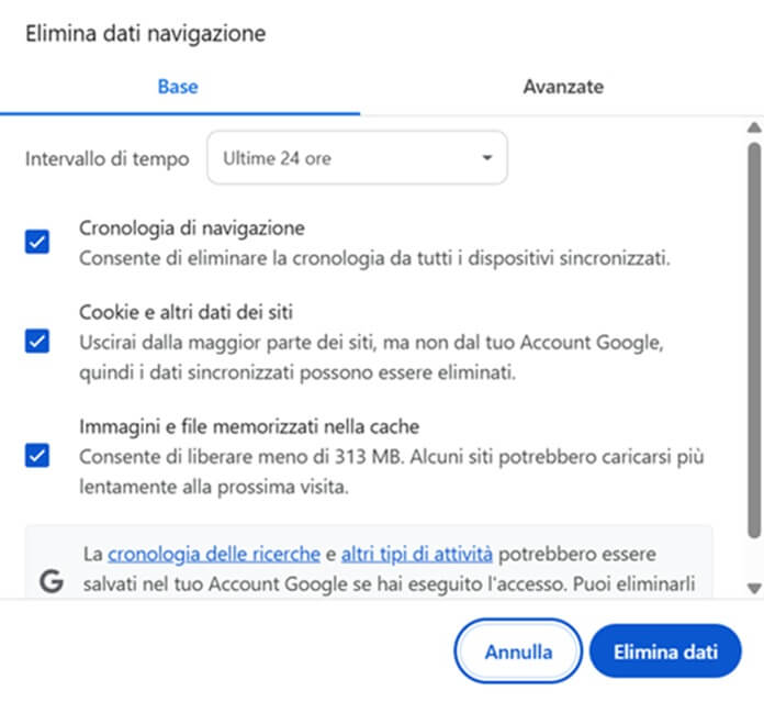 Chrome Elimina Dati Navigazione